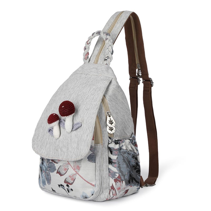 AULUDA Ladys Convertible Sling Bag, Hand Craft Artisan Purse, Beautiful Mushroom Canvas Premium Casual Day Mini Backpack for women - Image 1