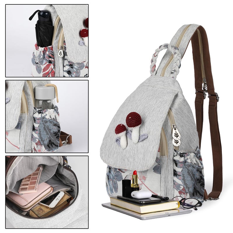 AULUDA Ladys Convertible Sling Bag, Hand Craft Artisan Purse, Beautiful Mushroom Canvas Premium Casual Day Mini Backpack for women - Image 3