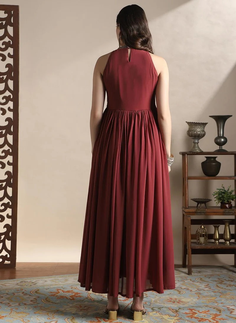 globus Globus Women Rust Halter Keyhole Neck Sequinned & Embroidered Detail Gathered Maxi A-Line Festive Dress