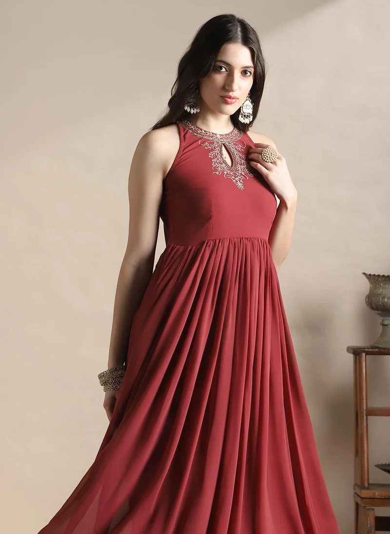globus Globus Women Rust Halter Keyhole Neck Sequinned & Embroidered Detail Gathered Maxi A-Line Festive Dress