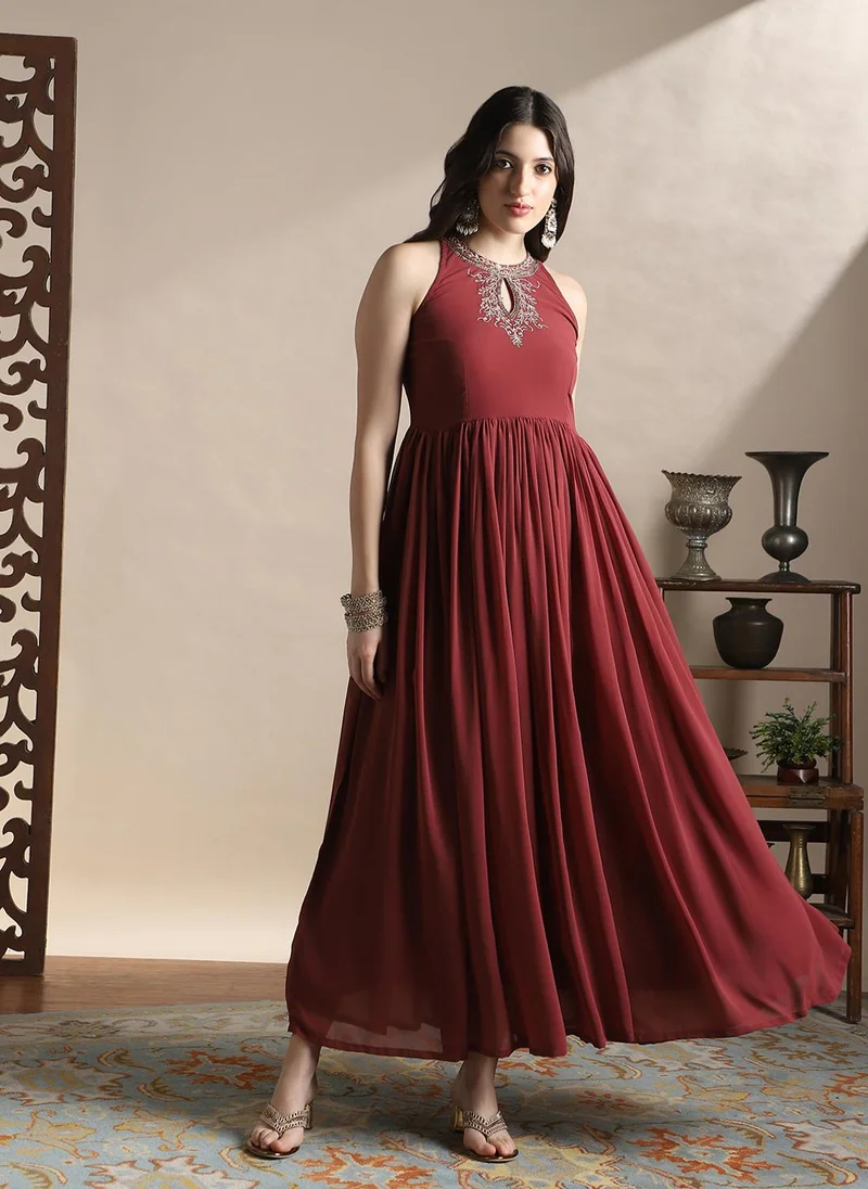 globus Globus Women Rust Halter Keyhole Neck Sequinned & Embroidered Detail Gathered Maxi A-Line Festive Dress