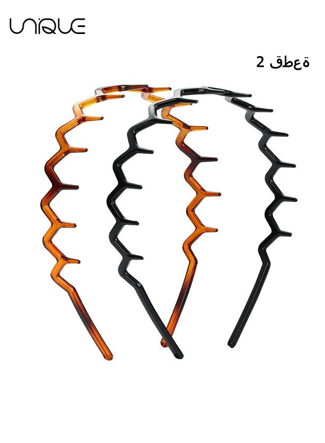 Unique 2 Pcs Headbands - Plastic Shark Tooh Hairbands for Women and Girls - Black and Brown Non-slip Comb Headbands for Sports, Work - Image 1