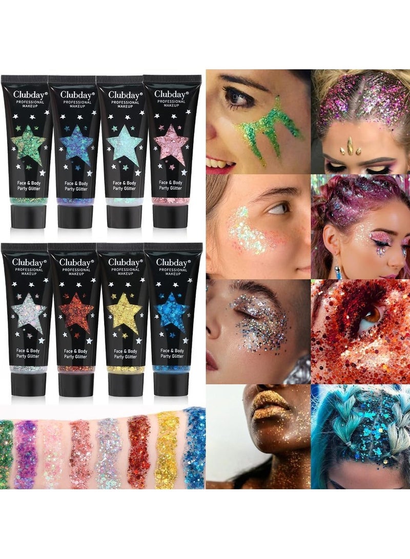 8 PCS Face  Body Glitter Gel Set - Mermaid Flakes Chunky Sequins for Eyes, Lips, Hair, Nails, 30ml - Festival Chunky Glitter Accessory - Image 1