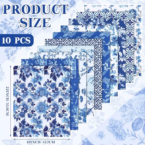 Hahafelt 10 Pcs 18 x 22 Inch Blue and White Floral Fat Quarters Chinoiserie Porcelain Precut Quilting Fabric Bundles Bird Graphic Printed Patchwork Squares for DIY Craft Decor Sewing Material - Image 3