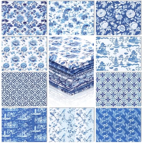 Hahafelt 10 Pcs 18 x 22 Inch Blue and White Floral Fat Quarters Chinoiserie Porcelain Precut Quilting Fabric Bundles Bird Graphic Printed Patchwork Squares for DIY Craft Decor Sewing Material - Image 1