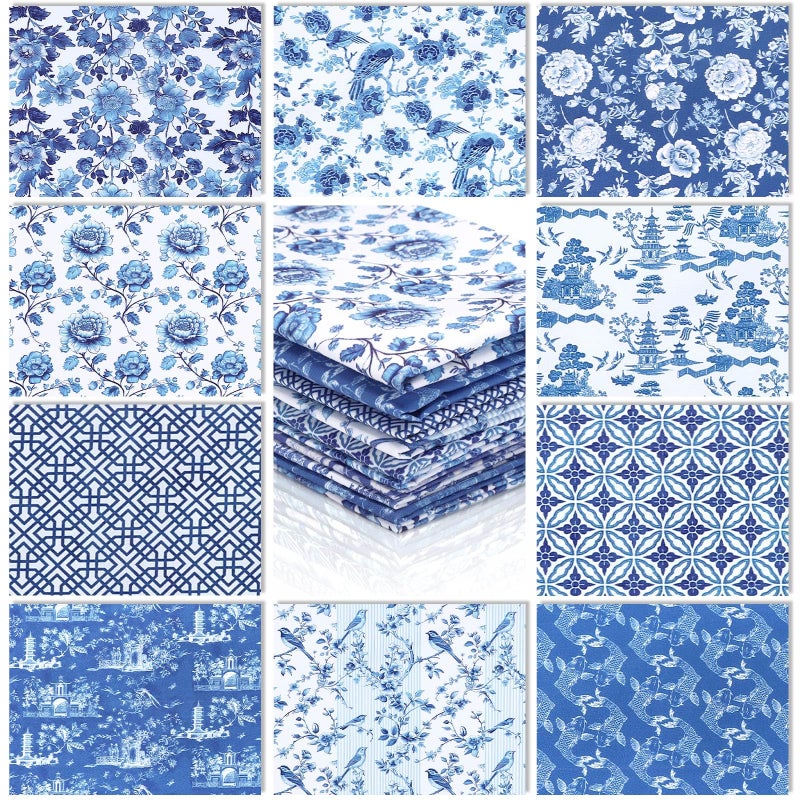 Hahafelt 10 Pcs 18 x 22 Inch Blue and White Floral Fat Quarters Chinoiserie Porcelain Precut Quilting Fabric Bundles Bird Graphic Printed Patchwork Squares for DIY Craft Decor Sewing Material - Image 2