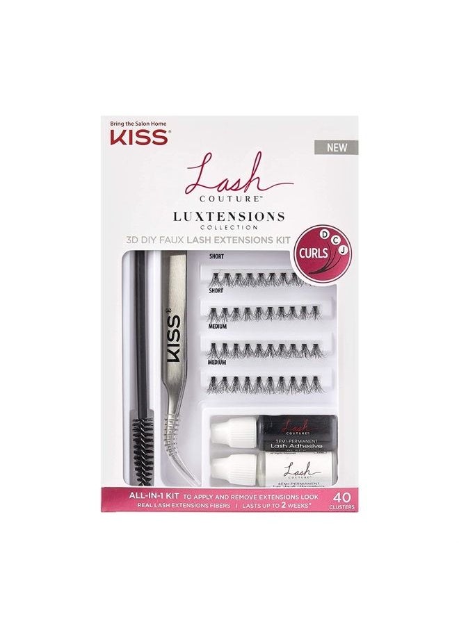 KISS - Lash Couture LuXtensions Collection 3D DIY Faux Lash Extensions Kit, with Semi-Permanent Lash Adhesive, Adhesive Remover, Precision Tweezer, Spoolie Mascara Wand, and 40 Lash Clusters - Image 1