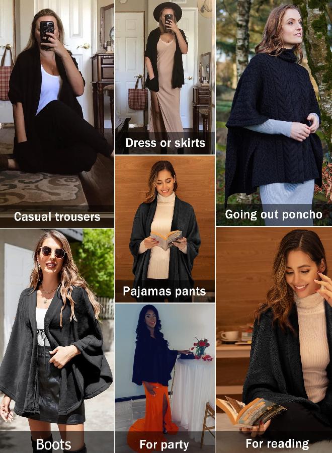 Ekouaer Women's Shawl Wrap Poncho Warm TV Blanket Flannel Faux Coat Sweater Cardigan Wrap Shawls Soft Black - Image 2
