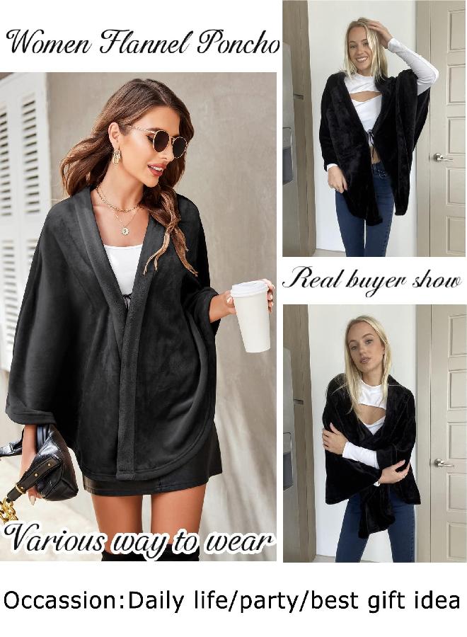 Ekouaer Women's Shawl Wrap Poncho Warm TV Blanket Flannel Faux Coat Sweater Cardigan Wrap Shawls Soft Black - Image 3