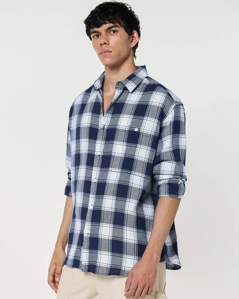 بيواكوف Men's White & Blue Checked Oversized Shirt