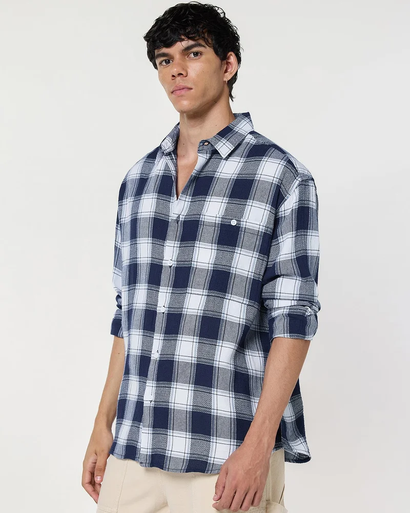 بيواكوف Men's White & Blue Checked Oversized Shirt