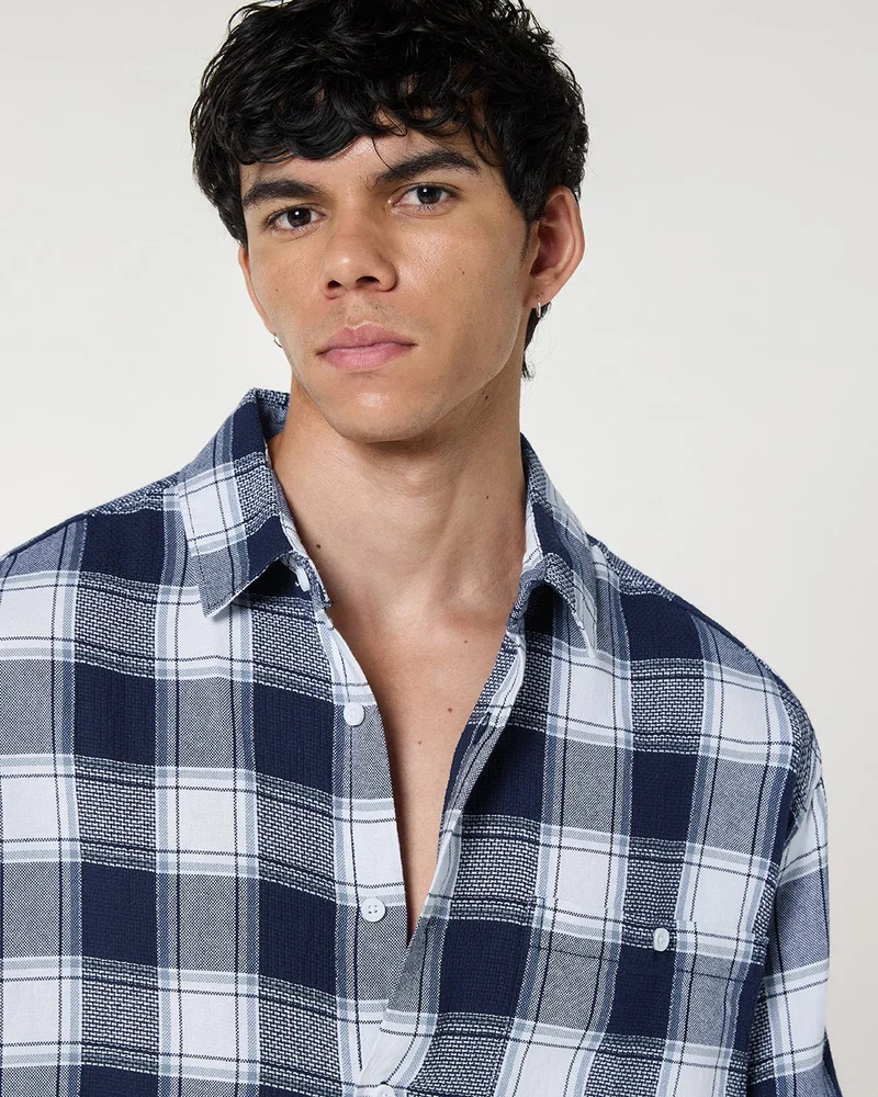 bewakoof  Men's White & Blue Checked Oversized Shirt for Men | Best Price UAE