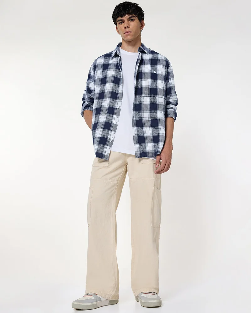 bewakoof  Men's White & Blue Checked Oversized Shirt for Men | Best Price UAE