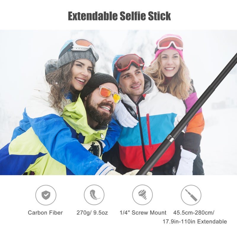 Portable Selfie Stick Carbon Fiber Stand Camera Bracket 1/4 Inch Screw Mount 45.5cm-280cm/ 17.9in-110in Adjustable Length Compatible with Insta360 X2/ X3 - Image 3