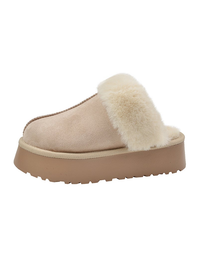 Retro Furry Slippers for Womens Outer Wear 2024 New Fur All-in-one Thick-soled Warm Baotou Comfortable Cotton Slippers Beige