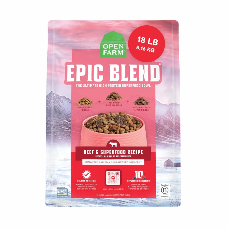 Open Farm, Epic Blend High Protein Dry Dog Food, Probiotic Coated & Bone Broth Infused Kibble with Air Dried Meat & Organs, Minimally Processed & Nutrient Dense, Beef & Superfood Recipe, 18lb Bag - Image 1