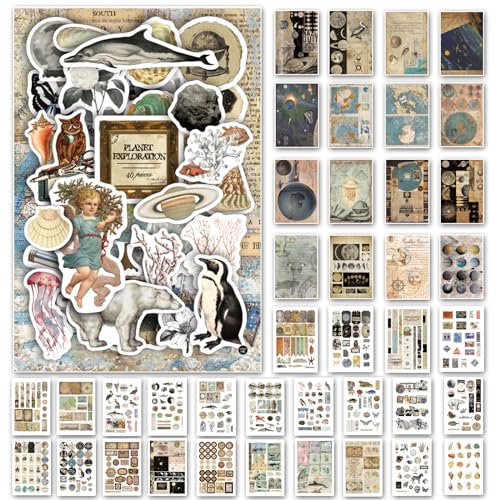 Prstincol Vintage Aesthetic Washi Stickers and Papers for Scrapbooking40 Sheets Ephemera Book for Art Journaling with Celestial and Ocean Theme Stickers and Decoupage Papers for Junk Journal - Image 1