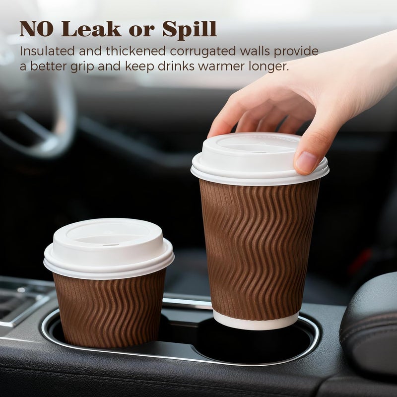 Charmount 100 Pack 12 oz Brown Disposable Insulated Coffee Cups with Lids - Ripple Wall Hot Paper To-Go Cups for Coffee, Tea, Cocoa, and Drinks - For Home, Office, Party - Image 5