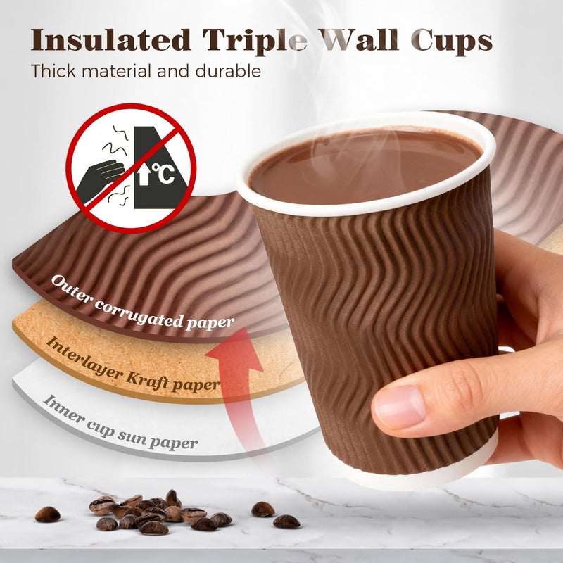 Charmount 100 Pack 12 oz Brown Disposable Insulated Coffee Cups with Lids - Ripple Wall Hot Paper To-Go Cups for Coffee, Tea, Cocoa, and Drinks - For Home, Office, Party - Image 3