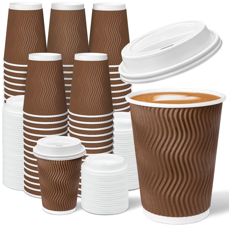 Charmount 100 Pack 12 oz Brown Disposable Insulated Coffee Cups with Lids - Ripple Wall Hot Paper To-Go Cups for Coffee, Tea, Cocoa, and Drinks - For Home, Office, Party - Image 1