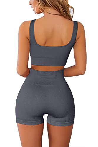 QINSEN Workout Sets for Women 2 Piece Seamless Ribbed Crop Tank High Waist Shorts Yoga Outfits (S, Dark Grey) - Image 2