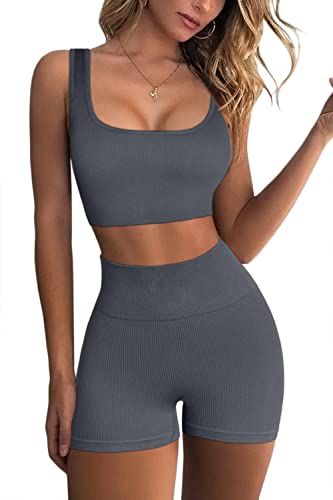 QINSEN Workout Sets for Women 2 Piece Seamless Ribbed Crop Tank High Waist Shorts Yoga Outfits (S, Dark Grey) - Image 1