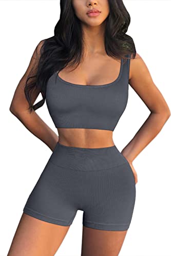 QINSEN Workout Sets for Women 2 Piece Seamless Ribbed Crop Tank High Waist Shorts Yoga Outfits (S, Dark Grey) - Image 4