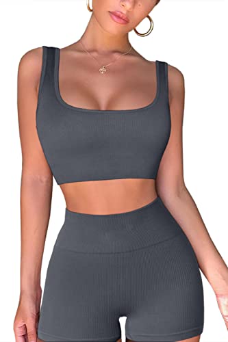 QINSEN Workout Sets for Women 2 Piece Seamless Ribbed Crop Tank High Waist Shorts Yoga Outfits (S, Dark Grey) - Image 3