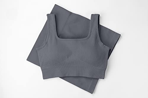 QINSEN Workout Sets for Women 2 Piece Seamless Ribbed Crop Tank High Waist Shorts Yoga Outfits (S, Dark Grey) - Image 5
