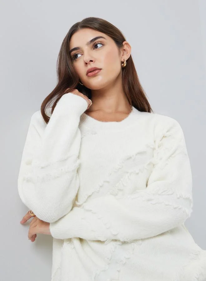 Styli Women White Textured Frayed Detail Oversized Sweater