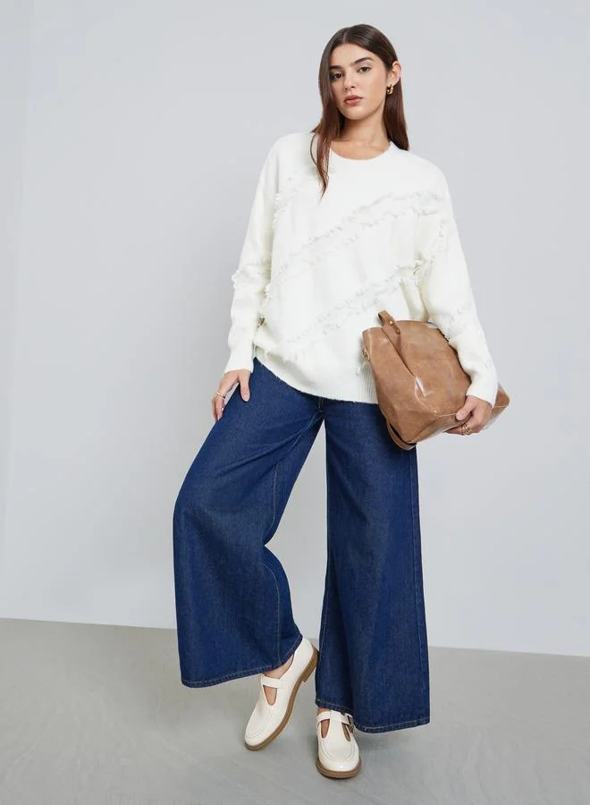 Styli Women White Textured Frayed Detail Oversized Sweater