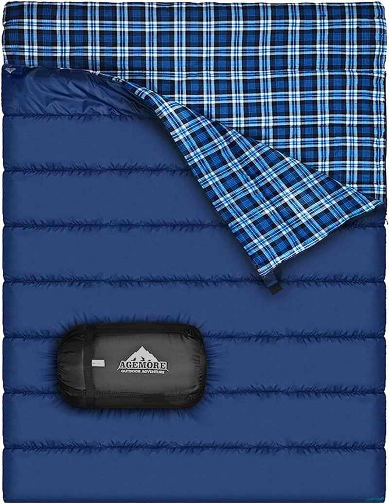 AGEMORE Cotton Flannel Double Sleeping Bag for Camping, Backpacking Or Hiking. Queen Size 2 Person Waterproof Sleeping Bag for Adults Or Teens. Lightweight with Compression Sack - Image 1