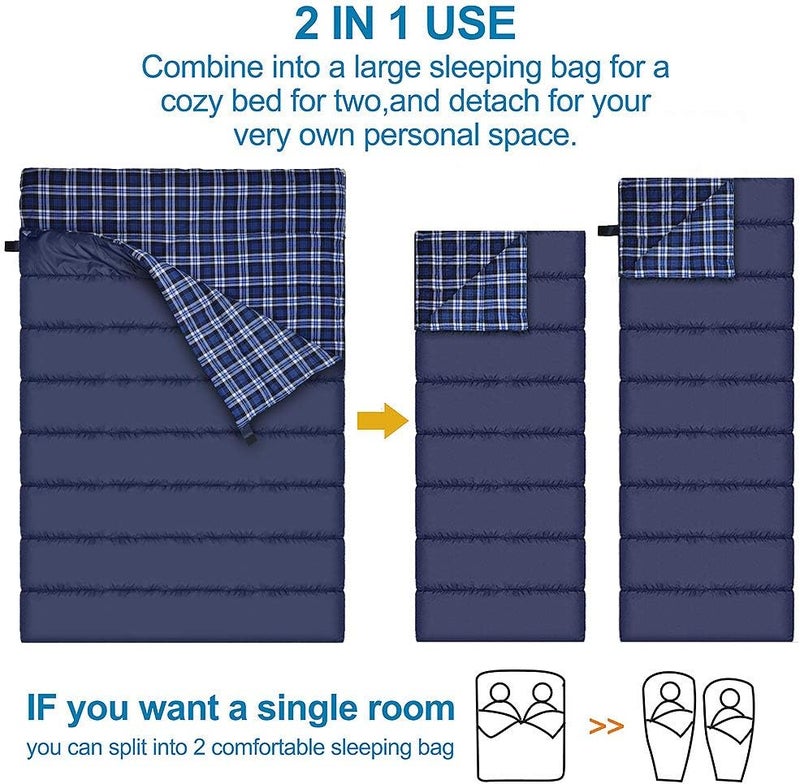 AGEMORE Cotton Flannel Double Sleeping Bag for Camping, Backpacking Or Hiking. Queen Size 2 Person Waterproof Sleeping Bag for Adults Or Teens. Lightweight with Compression Sack - Image 4