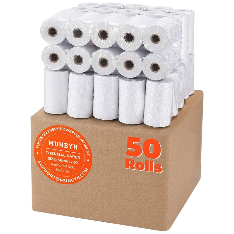 MUNBYN 2 1/4" inch x 50'ft Thermal Paper (50 Rolls), BPA Free Receipt Paper, 58mm Thermal Receipt Papers Fits All 58mm Thermal POS Printer, Square Terminal Credit Card Machines printers clearly - Image 1