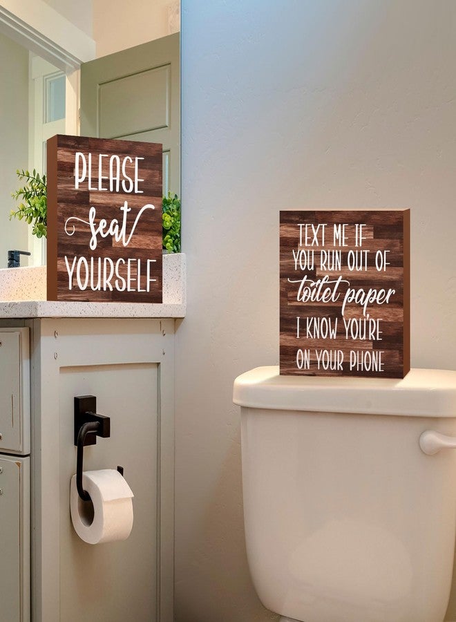 جيتك لوحة خشبية ديكور حمام ريفي من قطعتين من Jetec، لوحة جدارية مضحكة للحمام، لوحة خشبية ريفية مكتوب عليها "تفضل بالجلوس"، ديكور لحمام المنزل (بني) - Image 4