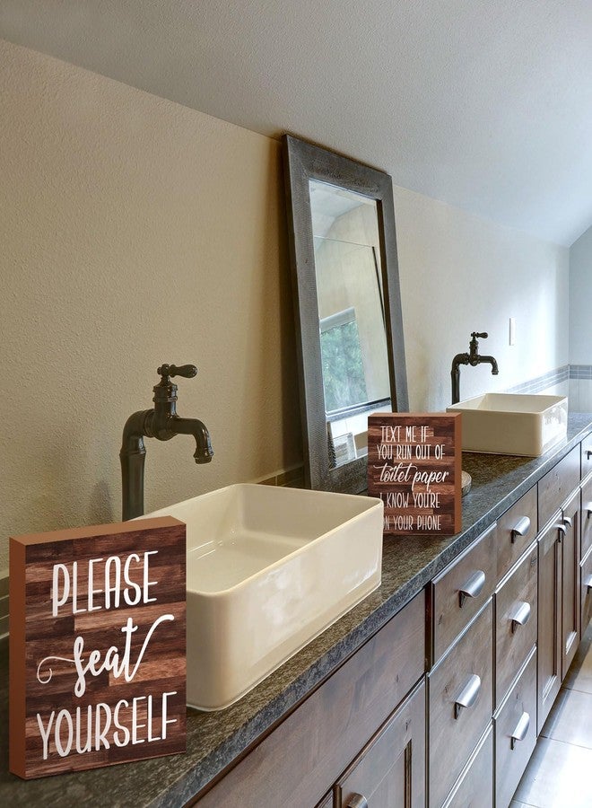 جيتك لوحة خشبية ديكور حمام ريفي من قطعتين من Jetec، لوحة جدارية مضحكة للحمام، لوحة خشبية ريفية مكتوب عليها "تفضل بالجلوس"، ديكور لحمام المنزل (بني) - Image 5