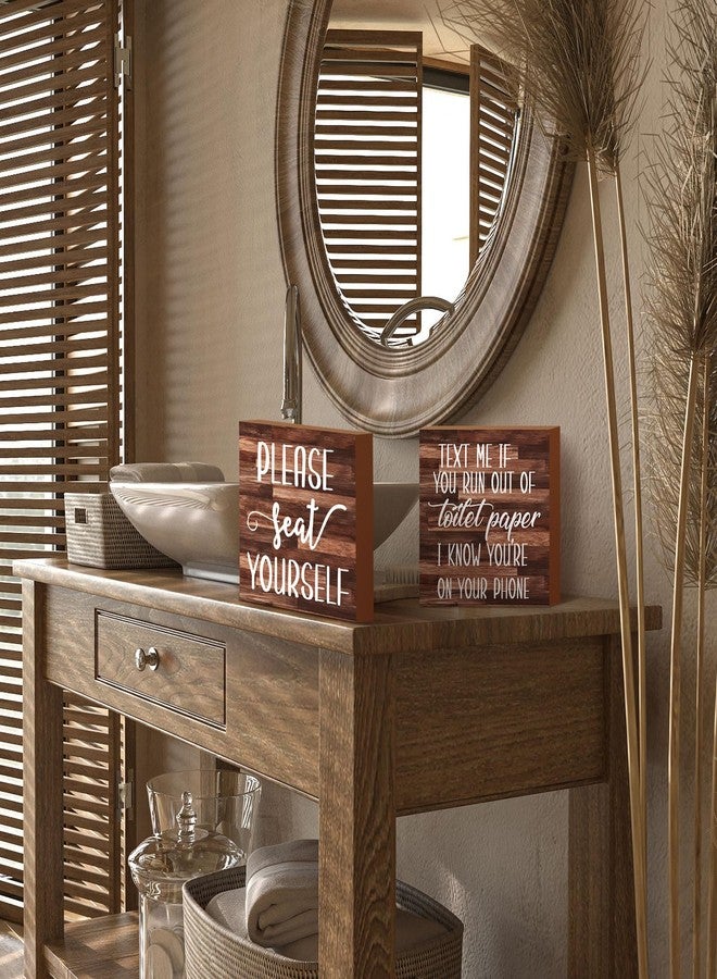 جيتك لوحة خشبية ديكور حمام ريفي من قطعتين من Jetec، لوحة جدارية مضحكة للحمام، لوحة خشبية ريفية مكتوب عليها "تفضل بالجلوس"، ديكور لحمام المنزل (بني) - Image 2