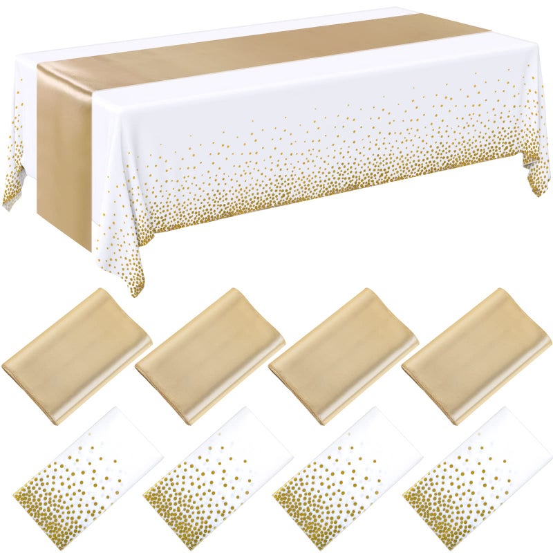Breling 8 Pack White and Gold Disposable Plastic Tablecloths and Satin Table Runner Set 54 x 108 Inch Tablecloth 12 x 108 Inch Table Runners for Wedding First Communion Baby Shower Graduation