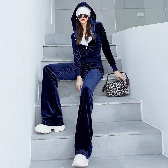 Ladies Velvet Tracksuit Spring Autumn Casual Fashion Suit Dark blue 