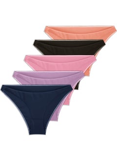 Yohannes Club Women's Cotton Basic Bikini Panties, 5-Pack, Salmon, Powder, Lilac, Navy Blue, Black  - Image 1