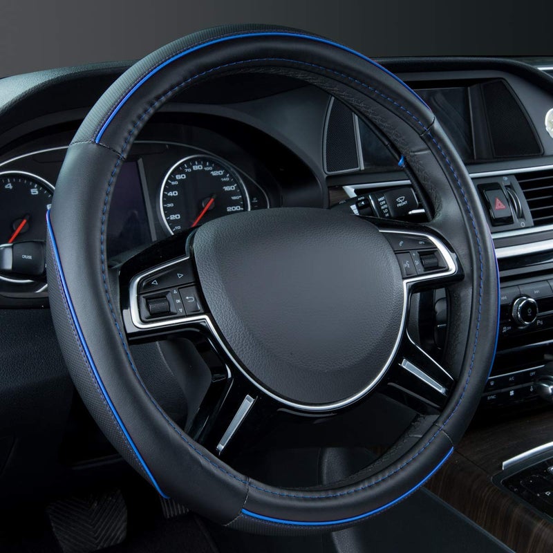 Car Pass Colour Piping Leather Universal Fit Steering Wheel CoverPerfectly fit for 14515 inches Suvs Vans Trucks Sedans Cars BlackBlue - Image 2