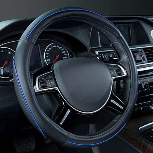 Car Pass Colour Piping Leather Universal Fit Steering Wheel CoverPerfectly fit for 14515 inches Suvs Vans Trucks Sedans Cars BlackBlue - Image 1