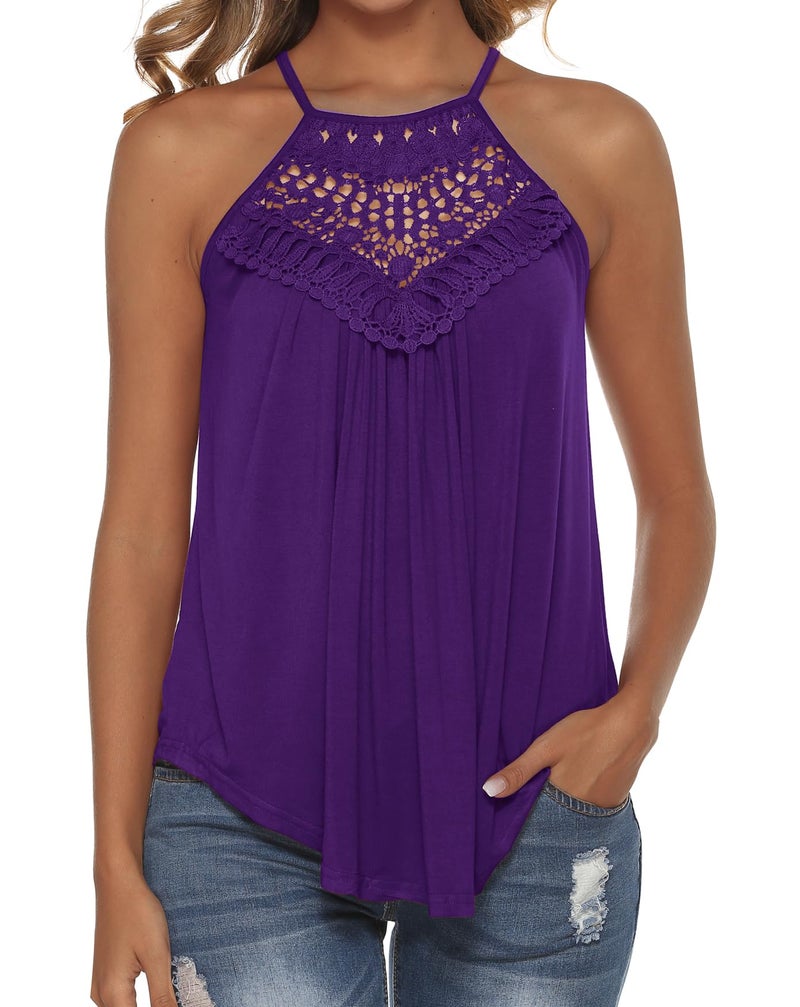 Bluetime Cute Tops for Women Summer Casual Loose Fit Flowy Lace Halter Tank Top Purple M - Image 1