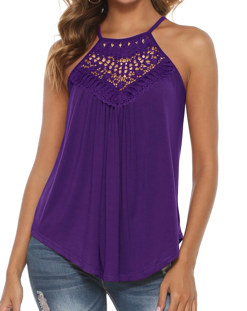 Bluetime Cute Tops for Women Summer Casual Loose Fit Flowy Lace Halter Tank Top Purple M - Image 2