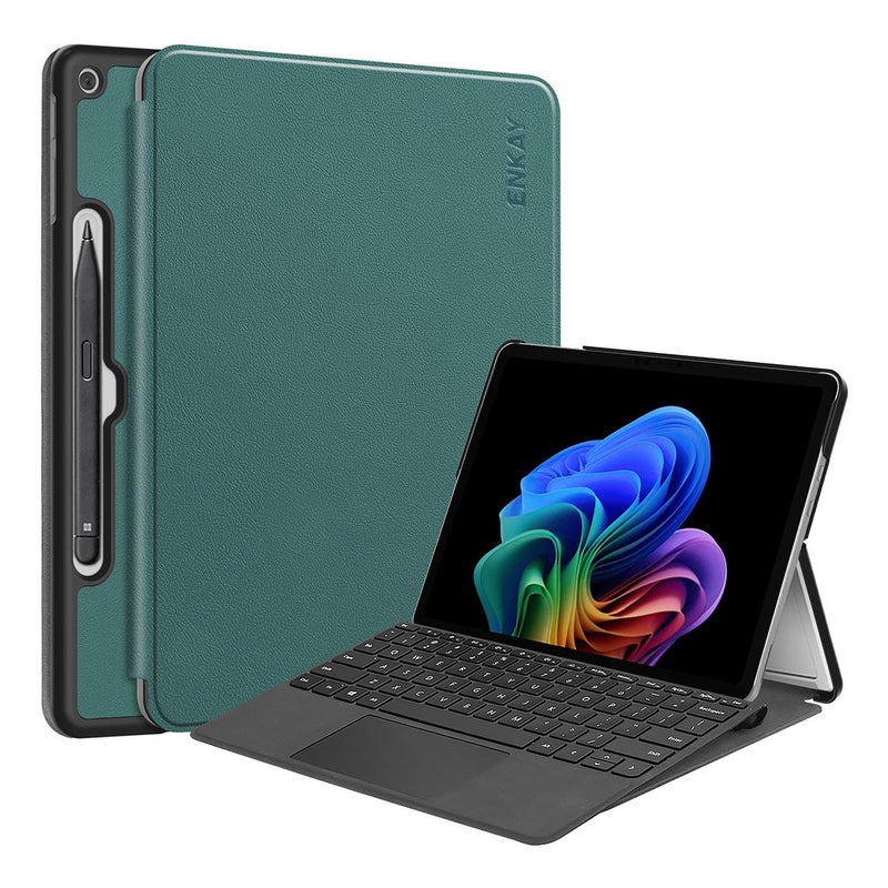 ENKAY For Microsoft Surface Pro 12 2025 Tri-Fold Custer Texture Voltage Leather Stand Tablet Case With Pen Slot(Dark Green) - Image 1