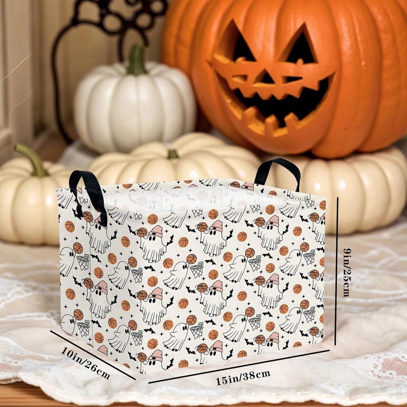 SETAMA Large Halloween Basket Gift Cute Ghost Parties Decor Kid Trick or Treat Basket for Boys and Girls Rectangular Storage Bin Box (Ghost Basketball) - Image 3