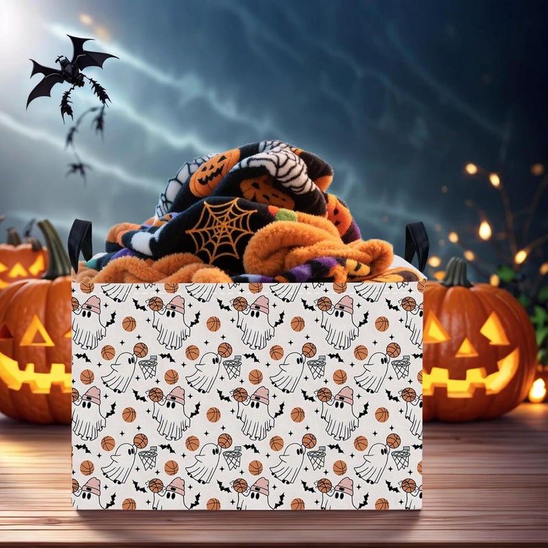SETAMA Large Halloween Basket Gift Cute Ghost Parties Decor Kid Trick or Treat Basket for Boys and Girls Rectangular Storage Bin Box (Ghost Basketball) - Image 5