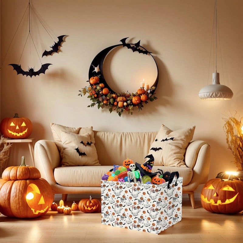 SETAMA Large Halloween Basket Gift Cute Ghost Parties Decor Kid Trick or Treat Basket for Boys and Girls Rectangular Storage Bin Box (Ghost Basketball) - Image 4