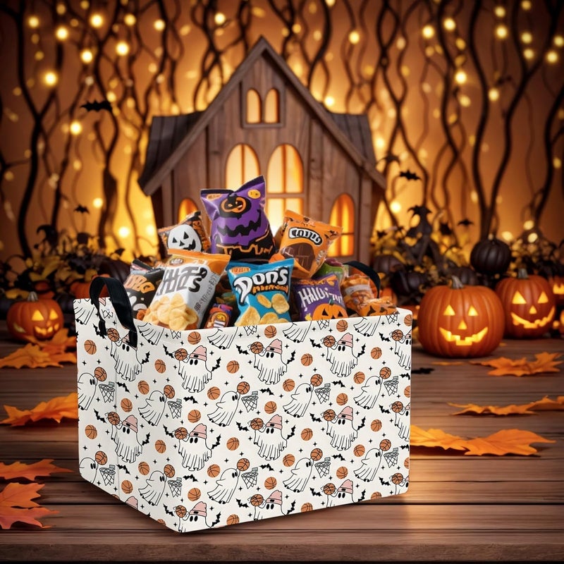 SETAMA Large Halloween Basket Gift Cute Ghost Parties Decor Kid Trick or Treat Basket for Boys and Girls Rectangular Storage Bin Box (Ghost Basketball) - Image 2