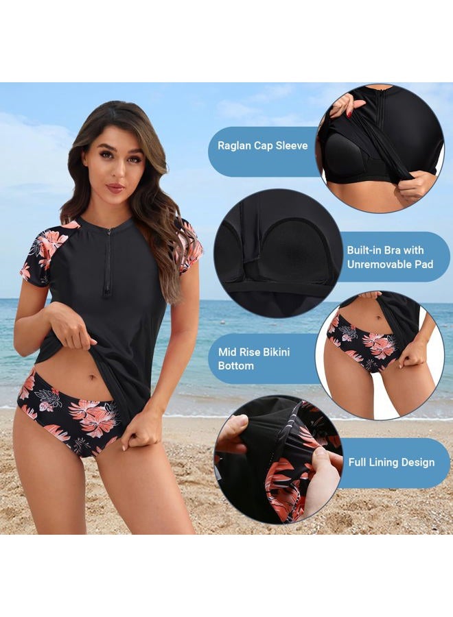 Holipick 2 Piece Rash Guard for Women - Short Sleeve Swim Shirt UPF 50+ Zip Up Swimsuit with Built in Bra, Black and Flowers, M - Image 4
